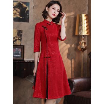 紅色秋季新款旗袍短款小個子美女連衣裙大擺長袖蕾絲黑色顯瘦簡約