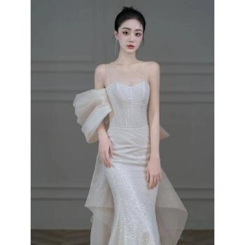 輕婚紗晚禮服2023新款夏高端輕奢性感吊帶魚尾生日主紗白色高級感