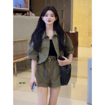 韓版chic工裝風時尚套裝女2023年夏季新款牛仔外套顯瘦短褲兩件套