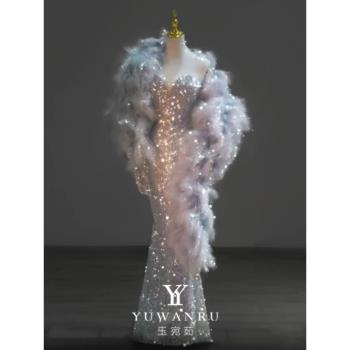 抹胸晚禮服2024新款高階輕奢小眾披肩主持人亮片魚尾禮服裙高階感