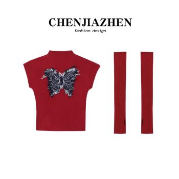 CHENJIZHEN紅色辣妹套袖馬甲針織衫女秋冬設計感小眾修身蝴蝶上衣