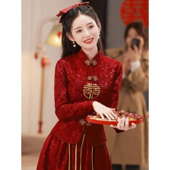 中式旗袍敬酒服新娘蕾絲2024新款酒紅色小個子結婚訂婚禮服高階感