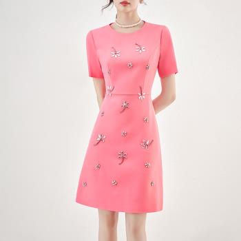 歐洲站2024夏裝新款女裝重工釘珠高級質感優雅氣質通勤禮服連衣裙