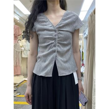 簡約韓版V領系扣襯衣2024夏季新款設計感修身顯瘦短袖襯衫女上衣