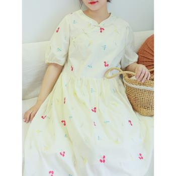 【買二送一】夏新品彩色刺繡旗袍連衣裙大碼新中式復古棉質長裙