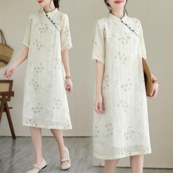 大碼女士寬松棉麻白色改良旗袍連衣裙女夏季2023新款遮肚顯瘦裙子