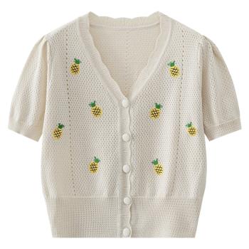 甜美針織短袖開衫T恤夏季新款女裝鏤空V領小眾設計感菠蘿刺繡上衣