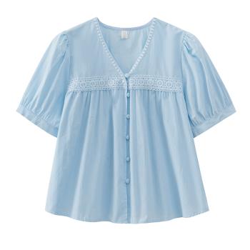 蕾絲拼接v領泡泡袖短袖襯衫女夏季設計感法式別致甜美娃娃衫上衣