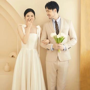 法式輕婚紗新娘簡約2025新款緞面吊帶出門紗森系領證訂婚禮服裙女