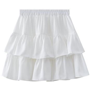 白色蓬蓬蛋糕短裙女夏季高腰顯瘦a字荷葉邊傘裙小個子百褶半身裙