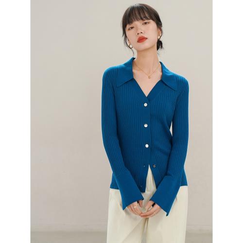 克萊因藍V領針織衫女早秋新款設計感開衫毛衣修身顯瘦甜辣小上衣