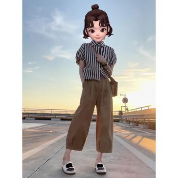 夏季2025新款小個子小香風職業運動條紋上衣卡其色褲子兩件套裝女
