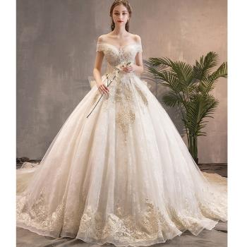 法式重工婚紗奢華氣質復古韓式宮廷一字肩公主夢幻新娘仙星空拖尾
