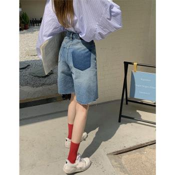 港味復古藍牛仔褲女春季2023新款設計高腰顯瘦闊腿百搭五分短褲子