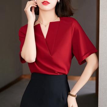 襯衫夏季時尚薄款v領紅色短袖