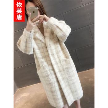 仿水貂絨超火中長款格子大衣外套
