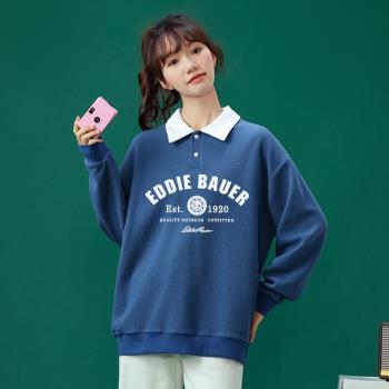 2024年春秋薄款衛衣女美式polo領學院風撞色翻領女生長袖寬松上衣