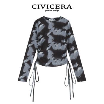 CIVICERA美式復古正肩短款T恤女春秋新款設計感水墨印花修身上衣