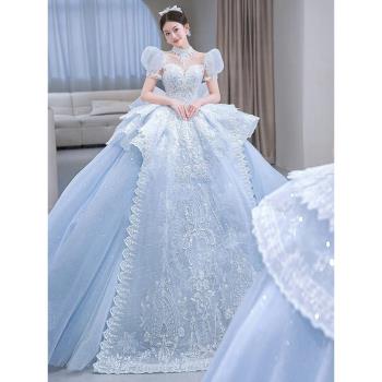 藍色婚紗2023新款新娘小個子在逃公主法式復古宮廷風重工高級拖尾