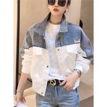 撞色牛仔拼接外套女春秋歐貨短款上衣小個子高腰夾克Polo翻領襯衫
