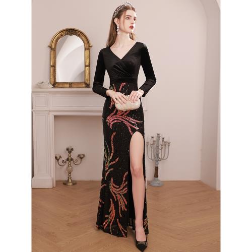 高端黑色絲絨晚禮服裙女2026新款春季長袖高定宴會高級感魚尾輕奢