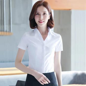 韓版V領短袖職業上衣女裝白襯衫