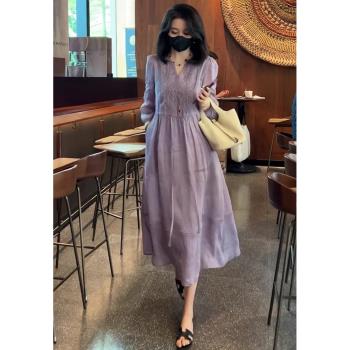 2023秋季紫色連衣裙女職場輕熟風高端女裝輕奢長裙子質感高級感
