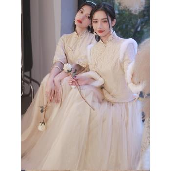中式長袖婚禮姐妹團香檳色伴娘服