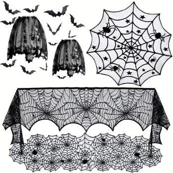 萬圣節蕾絲桌旗桌布女巫門簾裝飾鬼節布置蝙蝠壁爐裝飾鬼屋蜘蛛網