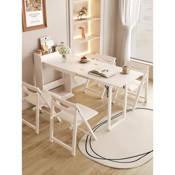 奶油風白色百搭可折疊餐桌現代簡約小戶型可伸縮飯桌長方形餐桌椅