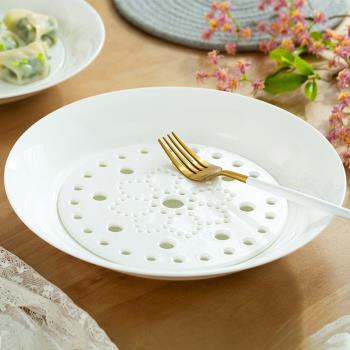 景德鎮餐具純白色骨瓷餃子盤瀝水雙層盤中式家用陶瓷大號水餃盤子