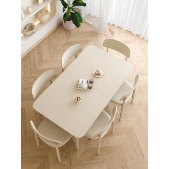 2022新款法式白色奶油風純白巖板餐桌椅組合實木餐桌可伸縮小戶型