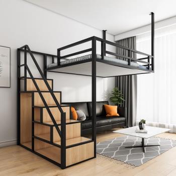 鐵藝高架床吊床公寓復式閣樓床小戶型省空間單雙人臥室懸掛上層床