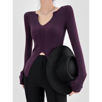 DOUBLE Z 紫色v領開叉長袖針織衫女秋季修身顯瘦小眾別致打底上衣