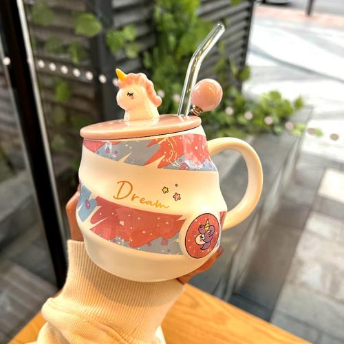 可愛萌彩虹獨角獸陶瓷杯帶蓋勺少女心馬克杯辦公室喝水杯子咖啡杯