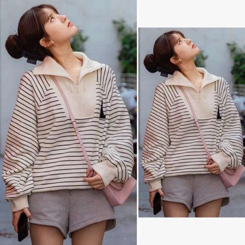 趙露思桑稚同款穿搭polo領條紋衛衣女秋季美式復古寬松拉鏈外套潮