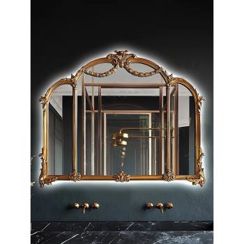 歐式雕花梳妝鏡帶燈三折鏡子客廳裝飾鏡餐邊鏡別墅復古藝術化妝鏡
