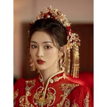 新款新娘中式秀禾頭飾步搖長流蘇龍鳳褂鳳冠古典婚禮跟妝甜美飾品