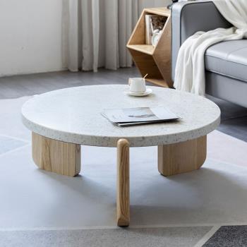 丹麥設計侘寂風極簡水磨石茶幾實木圓形北歐現代客廳橡木中古邊幾