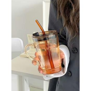 玻璃杯耐熱防燙帶蓋把手吸管刻度可愛兒童大人家用早餐牛奶水杯子