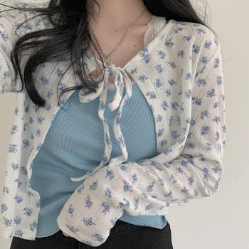 軟妹藍莓小碎花系帶寬松短開衫