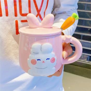可愛兔兔杯子帶蓋帶勺子陶瓷水杯女生創意馬克杯情侶辦公室咖啡杯