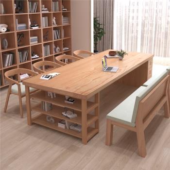 北歐實木大書桌客廳家用書柜一體學習桌帶抽屜長條桌多功能辦公桌
