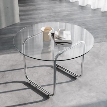 北歐不銹鋼客廳圓形茶幾簡約小戶型設計工作室會客茶幾桌透明玻璃