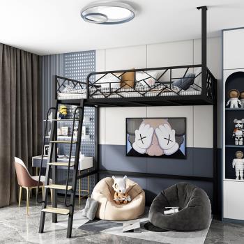 新款北歐loft小戶型高架床公寓省空間懸掛閣樓鐵藝復式二樓上下床