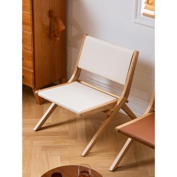 復古實木折疊躺椅家用小戶型客廳輕奢馬鞍皮單人椅陽臺休閑沙發椅
