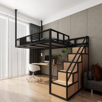 北歐小戶型鐵藝床閣樓式床復式二樓床省空間多功能衣柜梯高架床