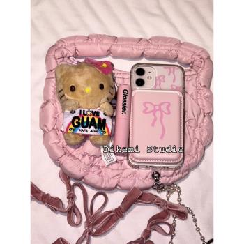 韓國ins小眾設計法式粉色蝴蝶結15磁吸手機殼皮質卡包適用于iPhone14pro/13promax蘋果14/13全包12手機保護套