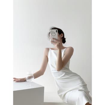 設計白色小眾法式性感無袖連衣裙