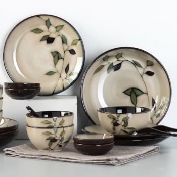 玉泉陶瓷竹葉碗盤子組合餐具家用復古日式釉下彩個性創意面碗湯碗
